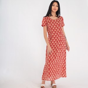 Red Floral Dress 90s Ankle Length Maxi Dress Short Sleeve Flower Print Garden Party Bohemian Feminine Summer Day Vintage 1990s Medium M