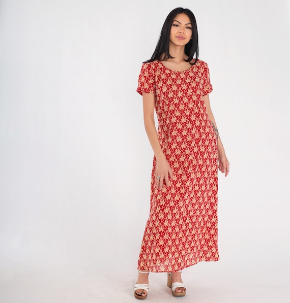Red Floral Dress 90s Ankle Length Maxi Dress Short Sleeve Flower Print Garden Party Bohemian Feminine Summer Day Vintage 1990s Medium M