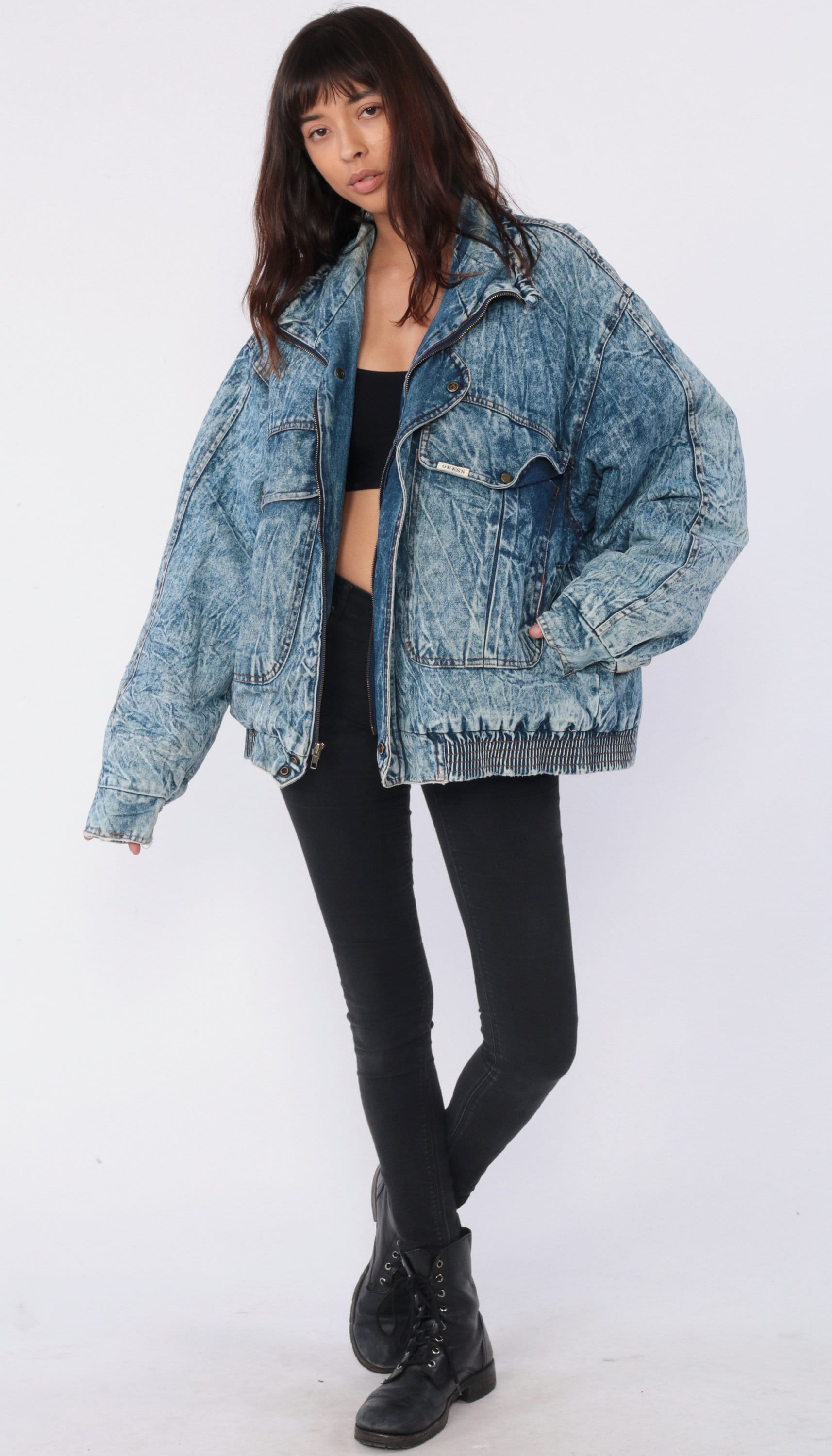 GUESS Jean Jacket Acid Wash Bomber Jacket Vintage 80s Denim Jacket