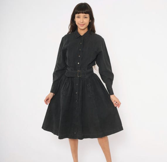 90s Black Denim Shirtdress Gitano Belted Long Sleeve Cotton Fit Flare Gathered Skirt Dark Prairie Southern Gothic Grunge Vintage Medium M