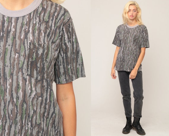 Camo T Shirt Army TShirt Camouflage Shirt 80s Green Military Ringer Tee Grey Grunge Hipster Retro Tee Vintage Large