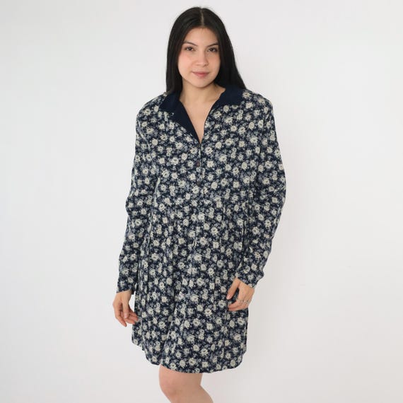 90s Navy Floral Dress Blue Corduroy Collar Grunge Dress Button Up Boho Mini 1990s High Waist Bohemian Long Sleeve Extra Large xl
