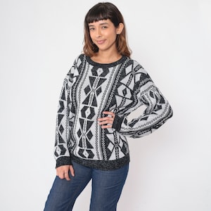 Geometric Sweater 90s Black White Pullover Knit Sweater Striped Abstract Print Crewneck Streetwear Boho Grunge Acrylic Vintage 1990s Large L