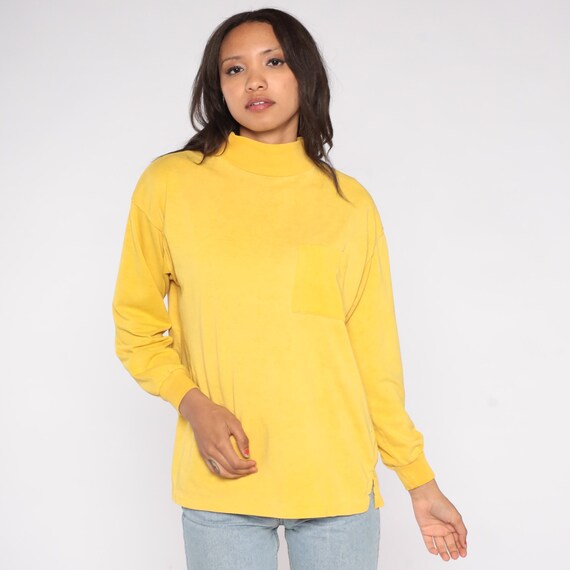 Yellow Turtleneck 90s Cristina Mustard Mock Neck Pocket Detail Long Sleeve Minimal Boxy Top Bright Vintage Autumn Layering Piece Large L