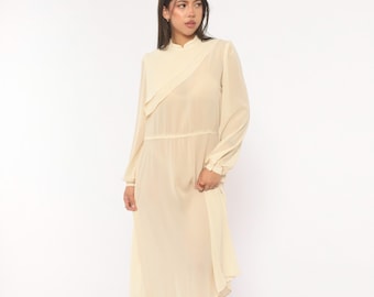70s Sheer Chiffon Dress Cream Midi Button Back Mandarin Collar Diagonal Ruffle Front Long Sleeve A Line Off White Vintage Frock Medium M