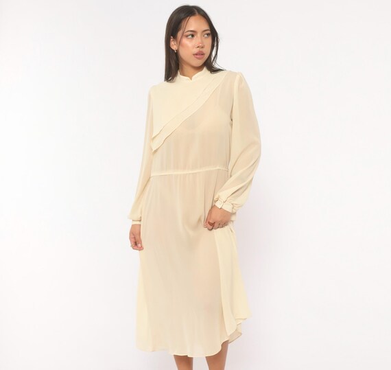70s Sheer Chiffon Dress Cream Midi Button Back Mandarin Collar Diagonal Ruffle Front Long Sleeve A Line Off White Vintage Frock Medium M