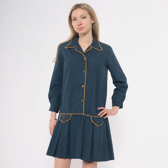 60s Preppy Dress Dark Blue Cotton Collared Long Sleeve Knee Length Pleated Drop Waist Mod Collegiate Academic Vintage School Girl Small S
