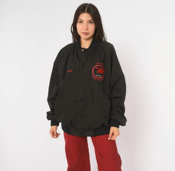 80s Black Bomber Jacket Red Embroidery Snap Front Chain Stitch Name Logo Ribbed Collar Cuffs Cotton Workwear Unisex Varsity Vintage Large L