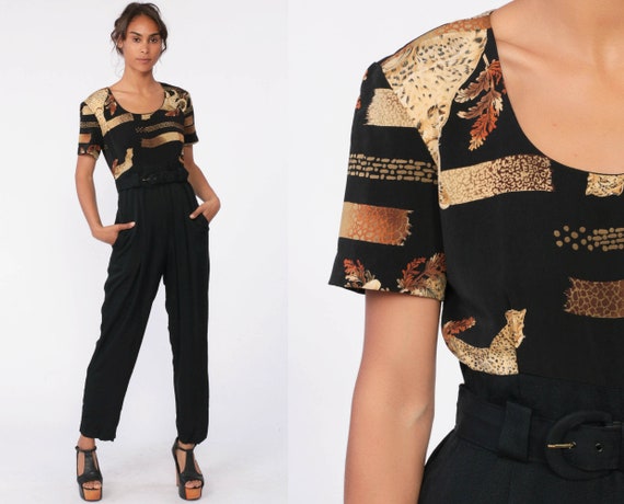 Animal Jumpsuit 80s Jungle Print Playsuit High Waisted Short Sleeve Pants Black Tapered 1980s Vintage Pantsuit Safari Belted Medium 8