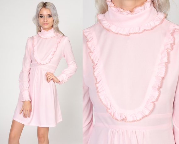 70s Babydoll Dress Baby Pink Mini Dress Mod Ruffle Bib Empire Waist High Neck Dolly Long Puff Sleeve Victorian Vintage 1970s Extra Small xs