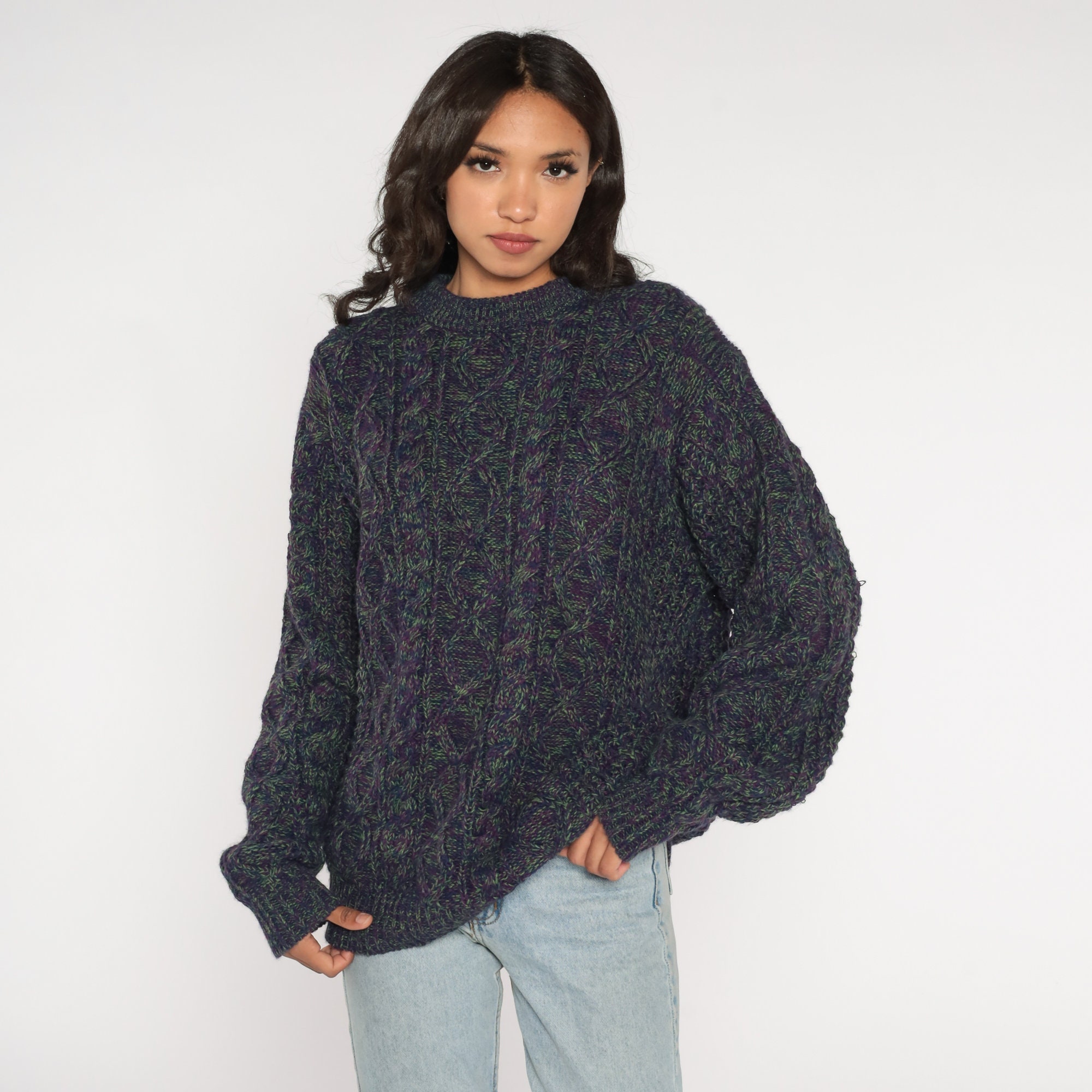 Space Dye Sweater 90s Cable Knit Sweater Retro Purple Green Flecked