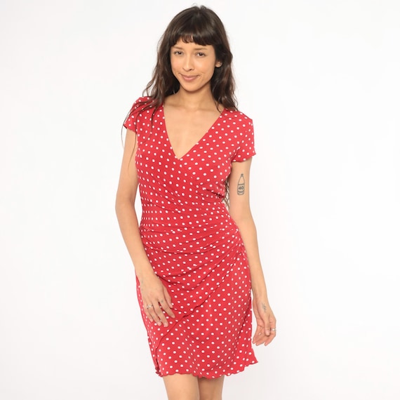 Red Polka Dot Wrap Dress 2000s V Neck Ruched Cherry Fitted Scarlet White Spotted Cocktail Summer Spring Garden Casual Sundress Women Small S