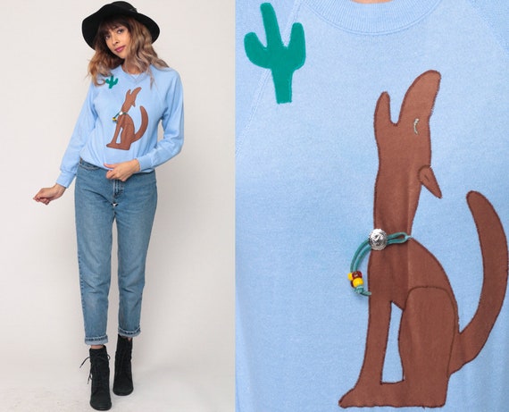 Coyote Sweatshirt Navajo Shirt 80s Sweatshirt Southwest Sweater Cactus Shirt Animal Wildlife Baby Blue Graphic Vintage Small xs