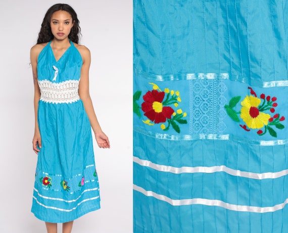 Embroidered Mexican Dress Blue Midi Dress Crochet Floral Boho Bohemian Summer Halter Neck Sun Vintage Deep V Hippie Festival Large xl l
