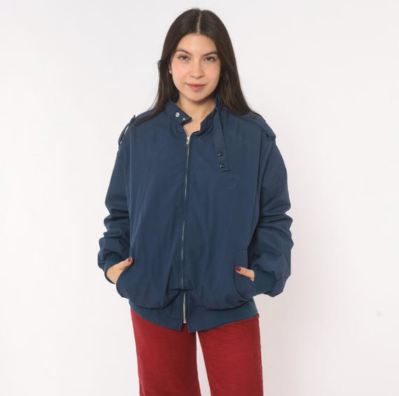 80s Plaid Lined Bomber Dark Blue Harrington Jacket Epaulette Shoulder Blue Windbreaker Coat Ribbed Cuff Vintage Unisex Relaxed Fit Large L