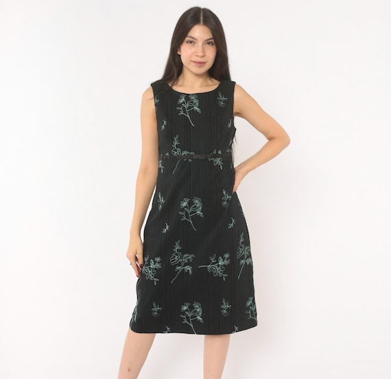 90s Embroidered Floral Dress Black Sleeveless A Line Blue Flower Pinstripe Fitted Bow Detail Dark Cottagecore Summer Frock Vintage Medium M