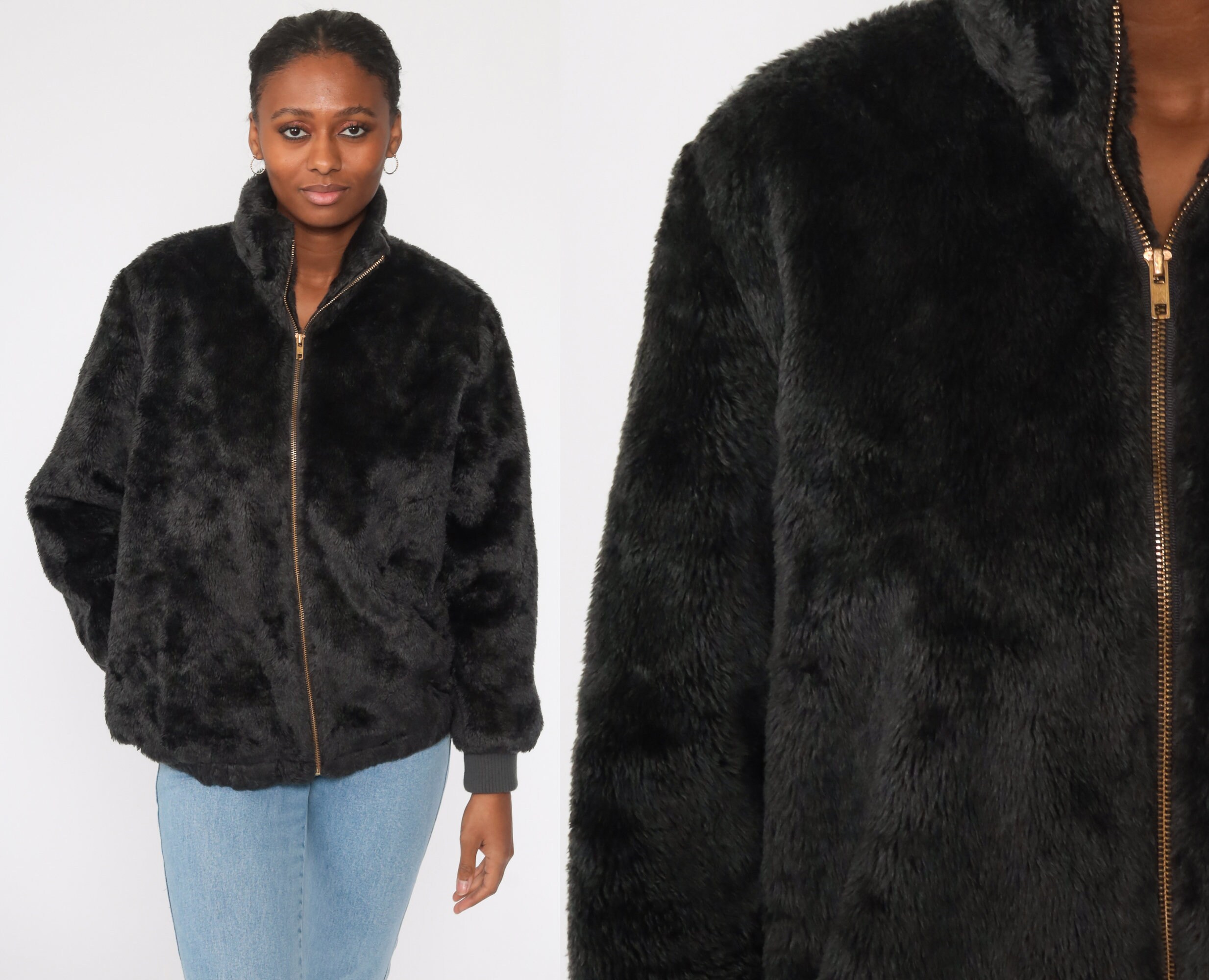 Faux Fur Coat Grey-black Fake Fur Jacket Vegan Vintage 80s - Etsy