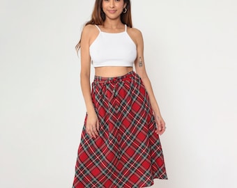 Vintage Red Plaid Skirt 70s Wool Tartan Midi High Waisted Dark Academia Skirt A Line Preppy Checkered Skirt School Girl 1970s Small S