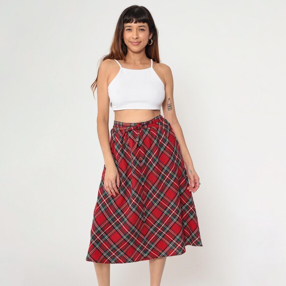 Vintage Red Plaid Skirt 70s Wool Tartan Midi High Waisted Dark Academia Skirt A Line Preppy Checkered Skirt School Girl 1970s Small S