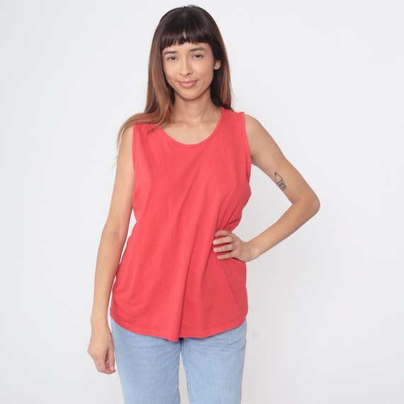 Red Tank Top 90s Salmon Coral Sleeveless Basic Tee Scoop Neck Cotton Blend Summer Top Muscle Tee Gym Wear Athletic Jogging Medium M 8