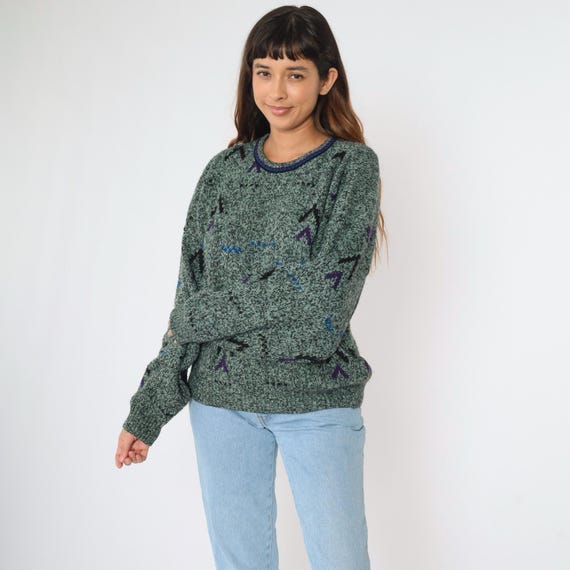 Vintage 90s Marled Knit Sweater XL Geometric Pattern Pullover Crewneck Seafoam Green Purple Slouchy Fit Pullover Oversized Fall Extra Large