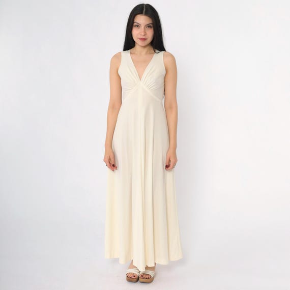 Vintage Long Grecian Dress 70s Cream Gown Maxi Boho Deep V Neck Party Dress Prom 1970s Empire Waist Sleeveless Bohemian Small S