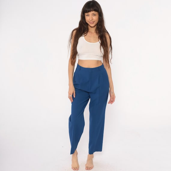 70s Blue Pants High Waisted Pleated Trousers Ankle Length Tailored Dress Pants Dark Academia Old Money Vintage Office Cropped Medium M