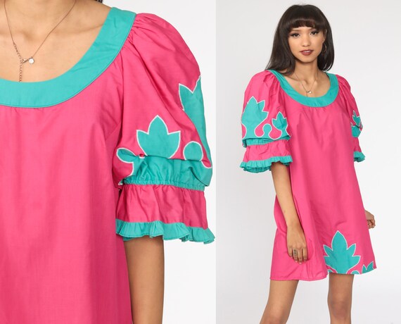 Pink Mini Dress 80s Puff Sleeve Dress Puffy Bright