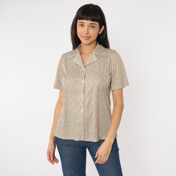 Vintage 70s Op Art Blouse Geometric Shirt Disco Bohemian Top 1970s Hippie White Brown Psychedelic Short Sleeve Button Up Boho Retro Medium