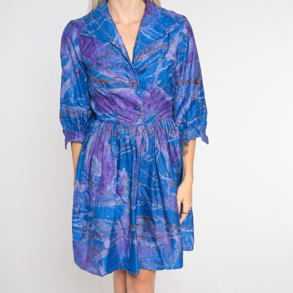 60s Mini Dress Blue Purple Silk Shirtwaist Dress … - image 6
