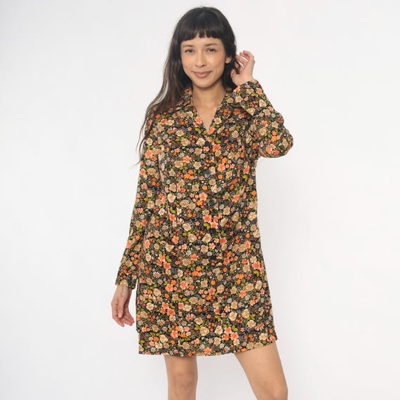 Dark Floral Mini Dress 80s Cottagecore Shirt Dress Black Orange Coral Peach Tan Cotton Prairie Vintage Collared Autumn Bohemian Large L