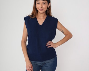 Marineblauwe trui vest jaren 80 geribbeld gebreide tanktop mouwloos ronde hals opa nerd pullover shirt gelaagdheid blouse vintage jaren 1980 grote L