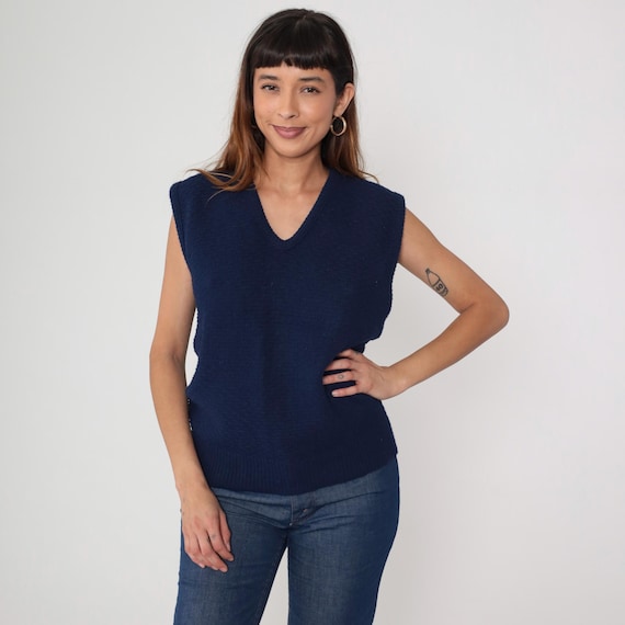 Navy Blue Sweater Vest 80s Ribbed Knit Tank Top Sleeveless Scoop Neck Grandpa Nerd Pullover Shirt Layering Blouse Vintage 1980s Large L