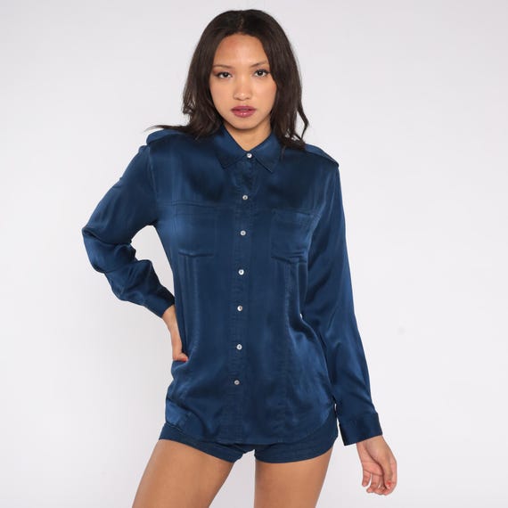 90s Navy Blue Silk Shirt Button Down Midnight Blue Pointed Collar Shoulder Tabs Shiny Silky Dress Blouse Office Professional Medium M