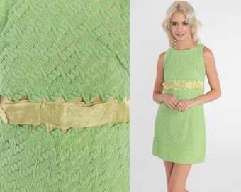 60s Cocktail Dress Green Lace Mini Dress Squiggle Party Empire Waist Ribbon Bow Formal Evening Sleeveless Vintage 1960s Extra Small xs
