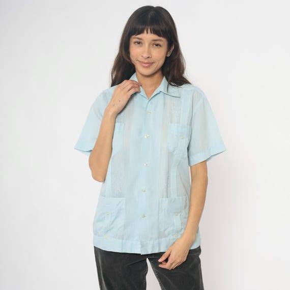 80s Summer Shirt Pale Blue Mexican Embroidered Pintuck Pleated Short Sleeve Camp Collar Pockets Cotton Preppy Casual Large L