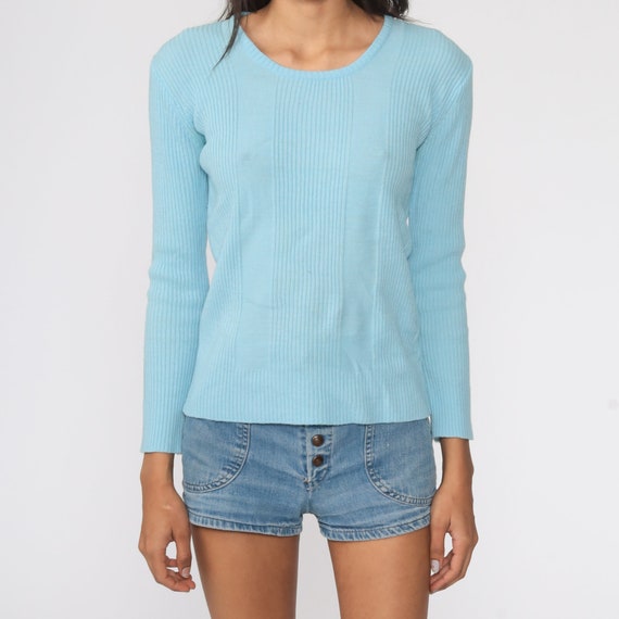 Knit Long Sleeve Shirt Baby Blue Shirt 80s T Shir… - image 5