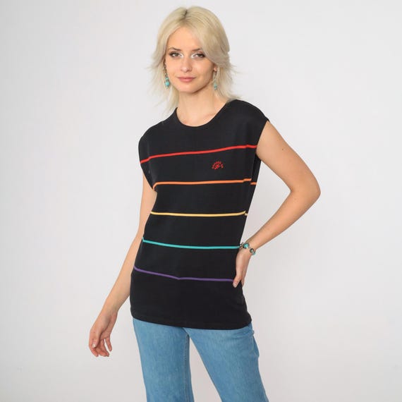 80s Rainbow Striped Tank Top Black Muscle Shirt Runner Up Shirt Retro Shirt Sleeveless 1980s Sporty Running Vintage Retro Sports Small