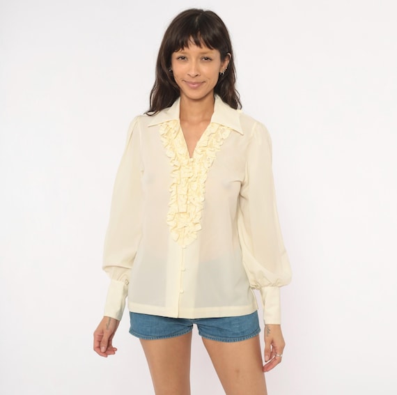70s Lace Ruffle Blouse Cream Button Front Shirt Puff Sleeve Semi Sheer Top Feminine Coquette Prairie Off White Romantic Vintage Medium M