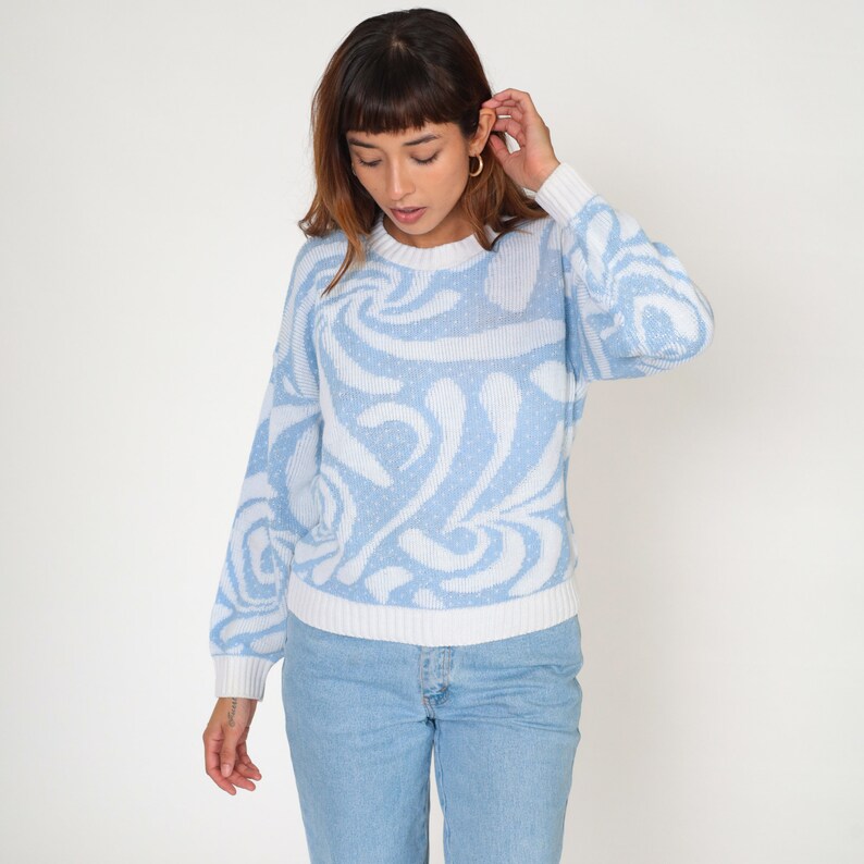 Swirl Print Sweater 80s Baby Blue White Pullover Knit Ringer Sweater