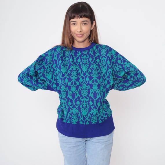 Floral Damask Sweater 90s Carole Little Blue Teal Crew Neck Vintage Statement Pattern Winter Autumn Layering Ski Lodge Wear Medium M 8