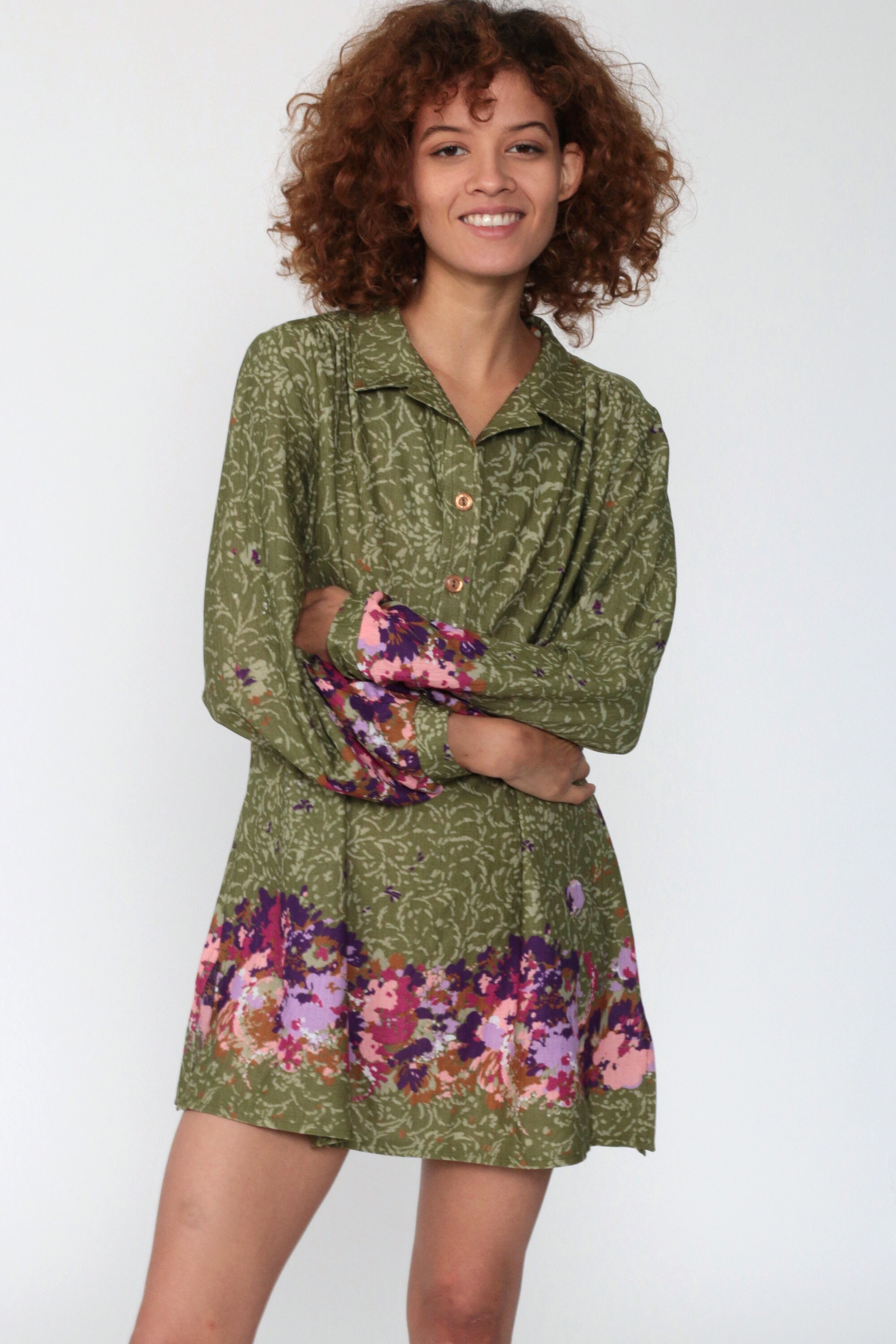 70s Top Large xl Micro Mini Dress Floral Button Up Shirt 70s Tunic Top Green Shift Dress Vintage Long Sleeve Shirt Petite Large L