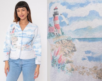 Sweat cardigan phare Nantucket des années 90 sweat-shirt bateau nautique Massachusetts boutonné gris chiné graphique vintage rétro petit S