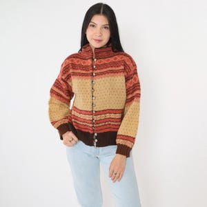 Vintage 80s Fair Isle Sweater Icelandic Style Cardigan Coral Tan Brown Silver Button Up Wool 1980s Boho Hippie Traditional Nordic Small