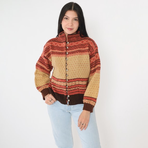 Vintage 80s Fair Isle Sweater Icelandic Style Cardigan Coral Tan Brown Silver Button Up Wool 1980s Boho Hippie Traditional Nordic Small