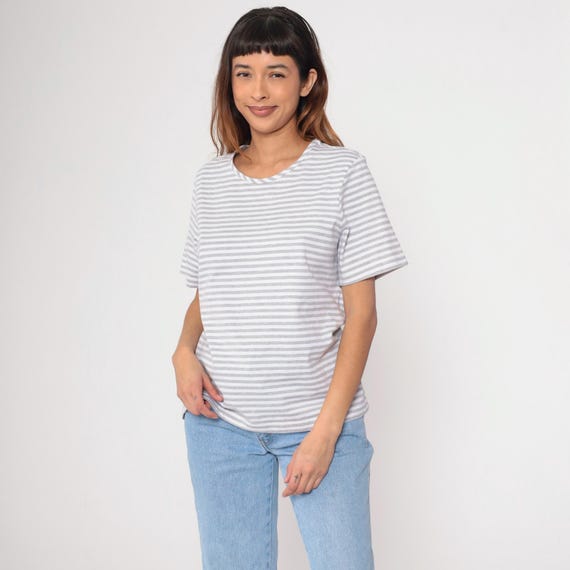 Grey Striped T Shirt 90s White Retro Tee Vintage Normcore Short Sleeve 1990s Slim Fit Crewneck Large