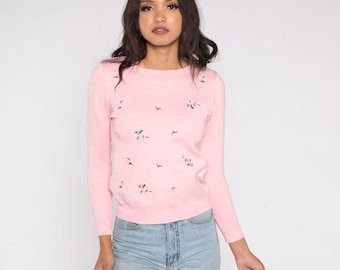 70s Pink Sweater Vintage Embroidered Floral Knit Long Sleeve Pullover Soft Acrylic Feel Pastel Cottagecore Lightweight Knit Top Small S