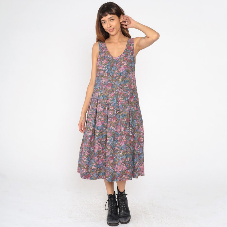 Floral Jumper Dress 90s Pinafore Midi Length Low Armhole Dress Pleated 1990s Vintage Scoop Neck Sundress Pink Purple Sun Dress Small S image 4