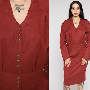 Rust Button Up Dress 80s Sheath Pencil Dress 90s Wiggle Pocket Dress Midi Vintage 1980s Long Sleeve Plain Solid V Neck Red Small Medium