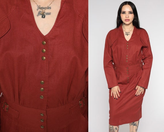 Rust Button Up Dress 80s Sheath Pencil Dress 90s Wiggle Pocket Dress Midi Vintage 1980s Long Sleeve Plain Solid V Neck Red Small Medium
